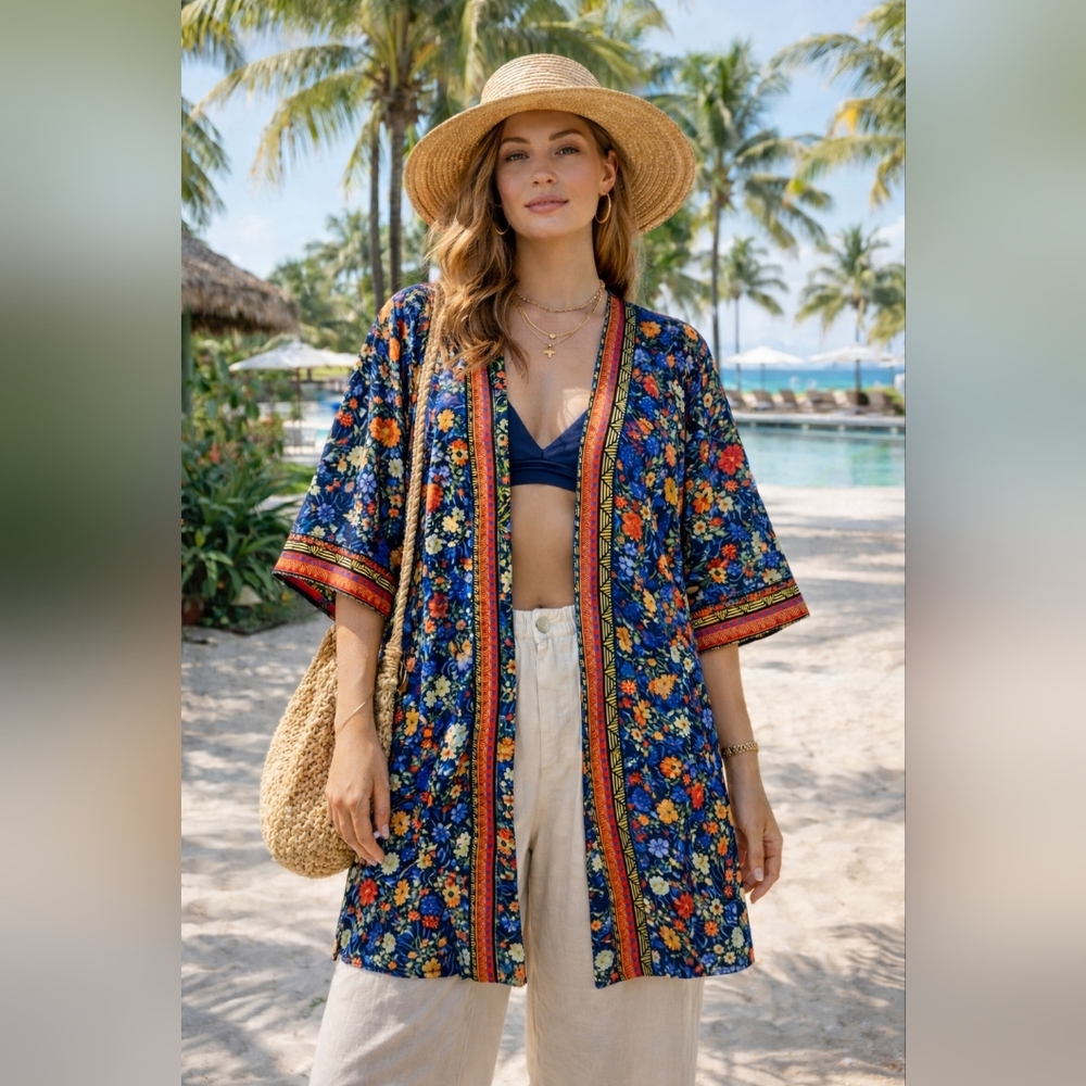 Truth NYC Floral Boho Kimono Cardigan Sheer Open Front Duster Cover Up 3X/22-24